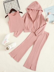SHEIN 女孩落肩袖連帽衫和背心和喇叭下擺開叉長褲 - 粉色 - 查看 1