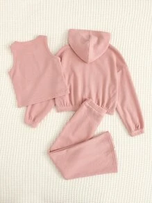 SHEIN 女孩落肩袖連帽衫和背心和喇叭下擺開叉長褲 - 粉色 - 查看 2