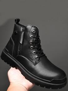Men Zipper Side Lace-up Front Combat Boots - Black - View 1