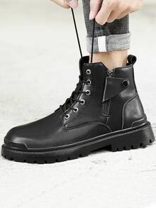 Men Zipper Side Lace-up Front Combat Boots - Black - View 2
