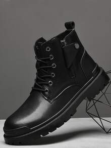 Men Zipper Side Lace-up Front Combat Boots - Black - View 3