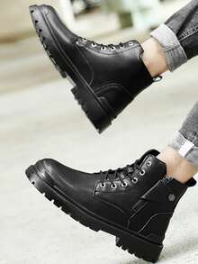 Men Zipper Side Lace-up Front Combat Boots - Black - View 4