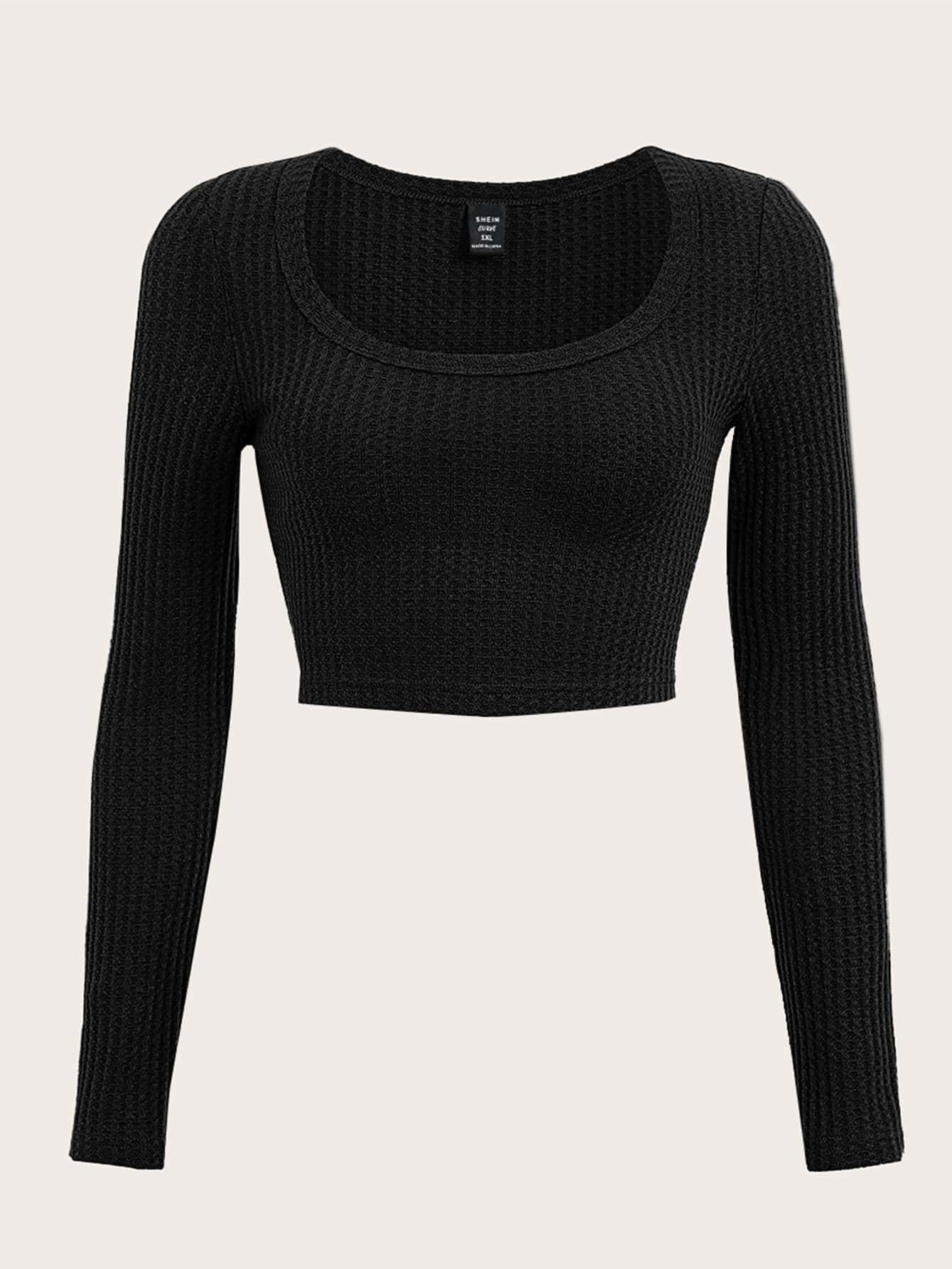 SHEIN EZwear Plus Waffle Knit Crop Tee - Black - View 1