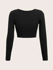 SHEIN EZwear Plus Waffle Knit Crop Tee - Black - View 2
