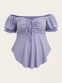 SHEIN Essnce 大碼一字肩泡泡袖前抽繩網眼刺繡T恤 - 紫丁香色 - 查看 1