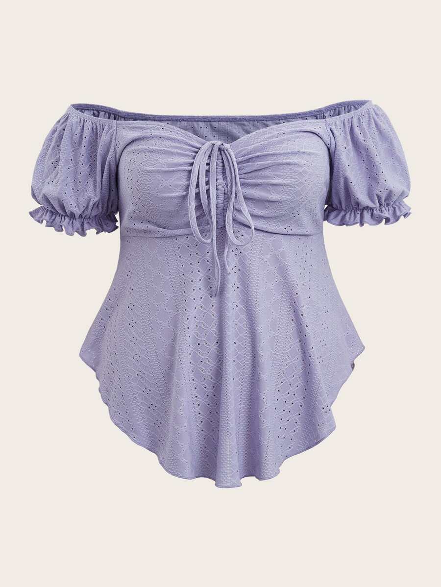 SHEIN Essnce 大碼一字肩泡泡袖前抽繩網眼刺繡T恤 - 紫丁香色 - 查看 1