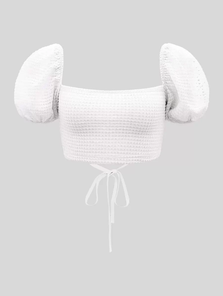 SHEIN MOD Puff Sleeve Lace Up Backless Textured Crop White Summer Top - White - View 1