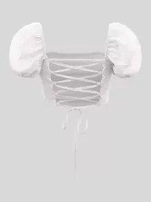 SHEIN MOD Puff Sleeve Lace Up Backless Textured Crop White Summer Top - White - View 2