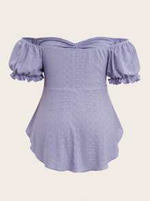 SHEIN Essnce 大碼一字肩泡泡袖前抽繩網眼刺繡T恤 - 紫丁香色 - 查看 2