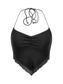 SHEIN ICON Ruched Tie Backless Hanky Hem Mesh Halter Y2k Top - Black - View 2