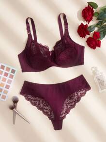 Set de lencería con encaje floral con aro - Burdeos - Ver 1