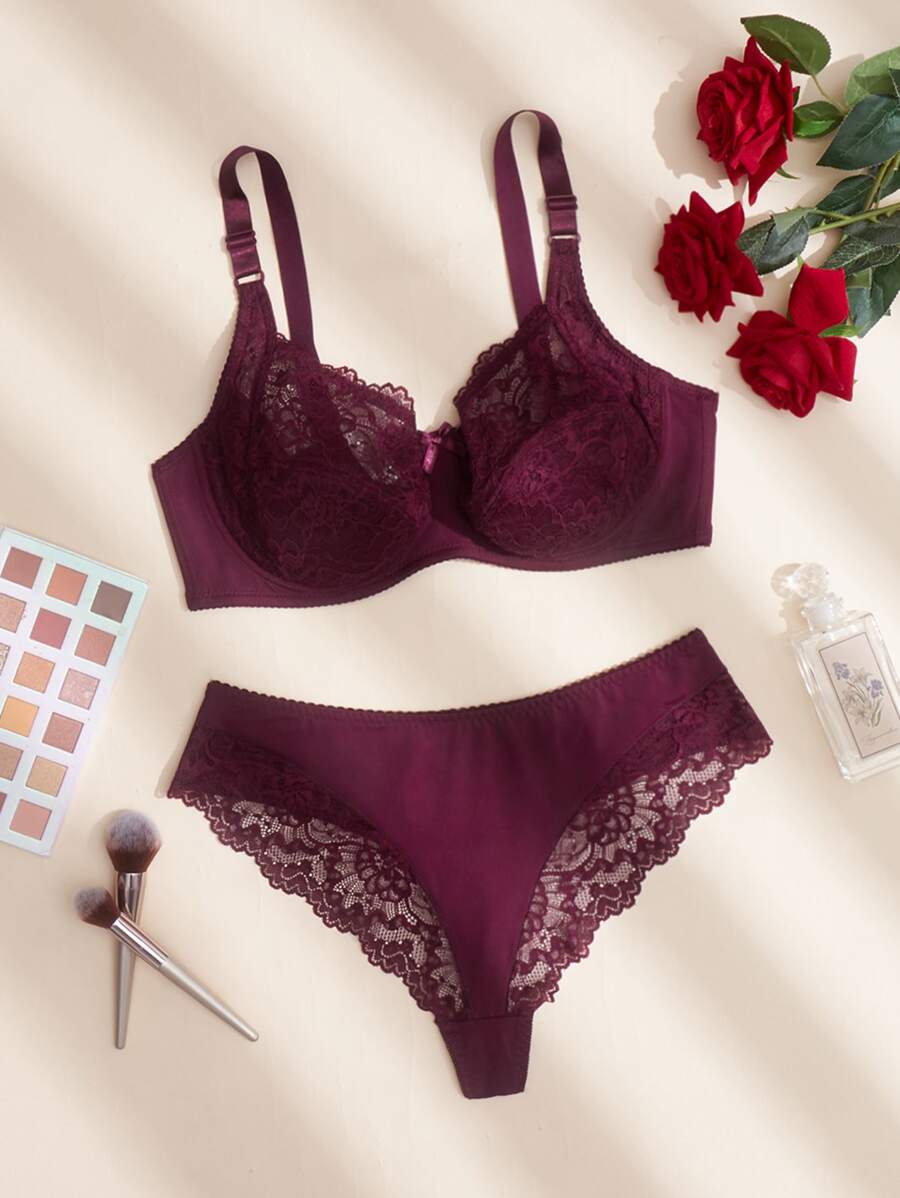 Set de lencería con encaje floral con aro - Burdeos - Ver 1