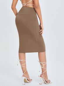 SHEIN PETITE 高腰鉛筆裙 - 摩卡棕 - 查看 2