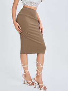 SHEIN PETITE 高腰鉛筆裙 - 摩卡棕 - 查看 4