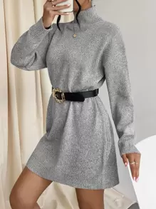 SHEIN LUNE High Neck Drop Shoulder Jumper Dress Without Belt - Grey - View 5