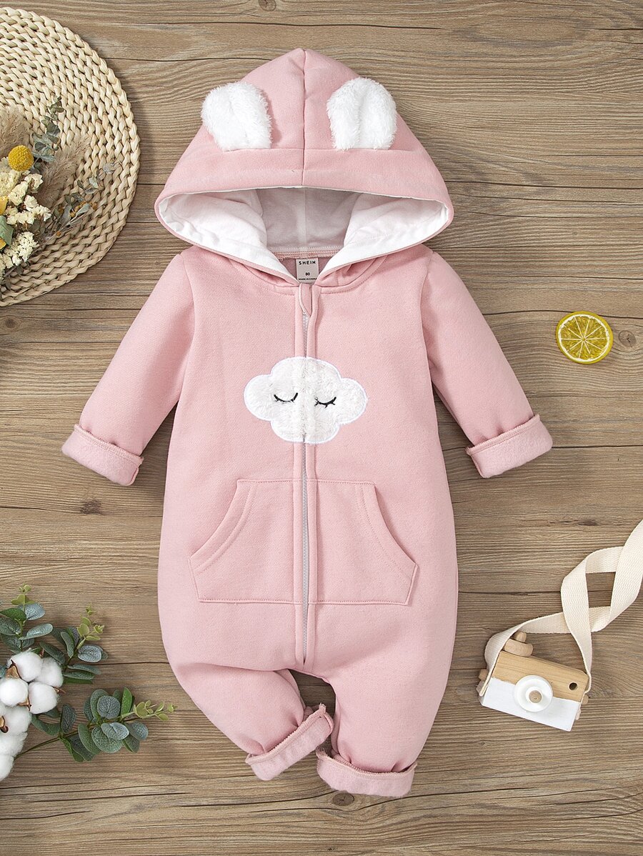 寶寶女孩前拉鍵帽子連身衣,3d耳朵設計 - 粉色 - 查看 1