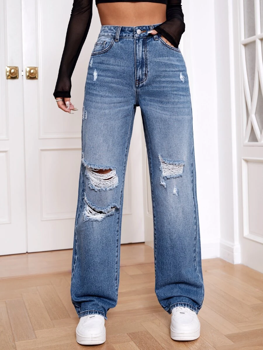 High Waist Ripped Straight Leg Jeans - Light Wash - View 1