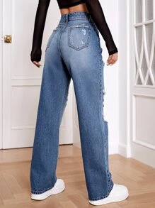High Waist Ripped Straight Leg Jeans - Light Wash - View 2