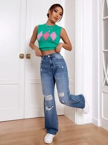 High Waist Ripped Straight Leg Jeans - Light Wash - View 3