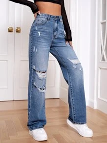 High Waist Ripped Straight Leg Jeans - Light Wash - View 4