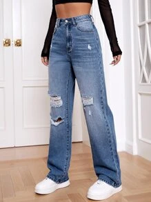 High Waist Ripped Straight Leg Jeans - Light Wash - View 6