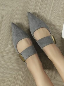 Metal Decor Point Toe Faux Suede Mary Jane Flats - Dark Grey - View 2