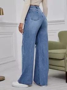 SHEIN EZwear 高腰破洞闊腿牛仔褲 - 中等水洗藍 - 查看 2