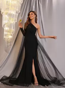 One Shoulder Mesh Panel Split Thigh Dress - Black - View 1