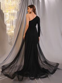 One Shoulder Mesh Panel Split Thigh Dress - Black - View 2