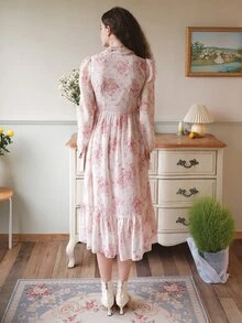 Allover Floral Print Tie Neck Ruffle Hem Dress - Multicolor - View 2