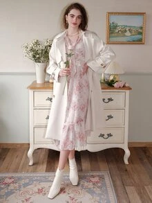 Allover Floral Print Tie Neck Ruffle Hem Dress - Multicolor - View 3