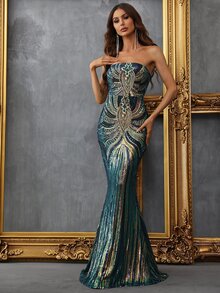 Faeriesty Women Elegant Elegant Women's Strapless Mermaid Formal Dress With Sparkly Sequin Decorative Patterns, Fitted Bodice And Flowing Maxi Skirt – Ideal For Weddings, Gala Dinners, Award Ceremonies & Formal Receptions,Summer Holiday Outfits - Dark Green - View 5