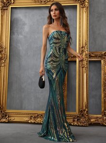Faeriesty Women Elegant Elegant Women's Strapless Mermaid Formal Dress With Sparkly Sequin Decorative Patterns, Fitted Bodice And Flowing Maxi Skirt – Ideal For Weddings, Gala Dinners, Award Ceremonies & Formal Receptions,Summer Holiday Outfits - Dark Green - View 6