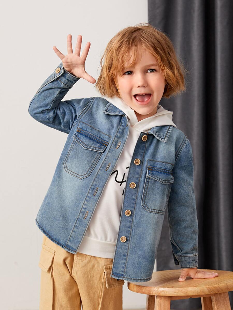 Toddler Boys Flap Pocket Denim Shirt - Medium Wash - View 1
