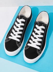 CUCCOO EASI Stitch Detail Lace-Up Front Canvas Shoes For Summer Sports Shoes Casual Shoes Shoes For Women Sneakers Easter Tainers - Black - View 5