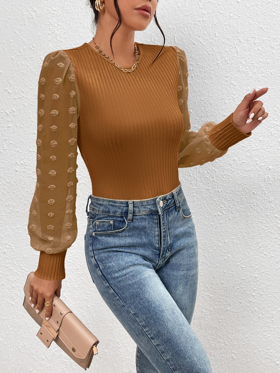 SHEIN Privé 拼接圓點網紗燈籠袖連身背心