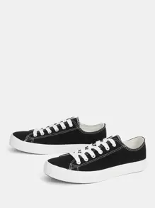 CUCCOO EASI Stitch Detail Lace-Up Front Canvas Shoes For Summer Sports Shoes Casual Shoes Shoes For Women Sneakers Easter Tainers - Black - View 1