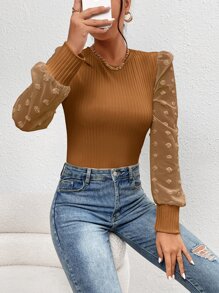 SHEIN Privé 拼接圓點網紗燈籠袖連身背心