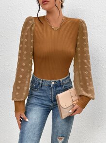 SHEIN Privé 拼接圓點網紗燈籠袖連身背心