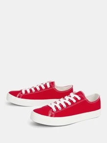 Lace-up Front Canvas Shoes - Red - View 2