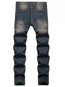 复古洗水做旧修身男式牛仔裤 - 深色水洗藍 - 查看 2