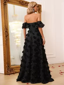 Off Shoulder Butterfly Sleeve Applique Prom Dress - Black - View 2