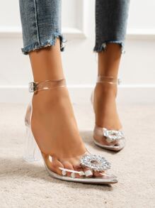 Women Rhinestone Decor Pumps, Chunky Heeled Ankle Strap Pumps Valentines
