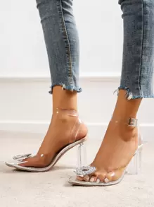 Women Rhinestone Decor Pumps, Chunky Heeled Ankle Strap Pumps Valentines