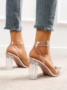 Women Rhinestone Decor Pumps, Chunky Heeled Ankle Strap Pumps Valentines