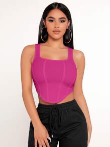 SHEIN PETITE Solid Curved Hem Tank Top - Hot Pink - View 1