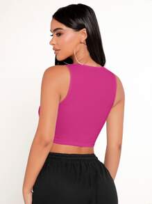 SHEIN PETITE Solid Curved Hem Tank Top - Hot Pink - View 2