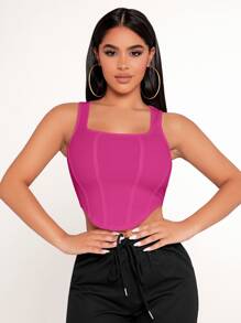SHEIN PETITE Solid Curved Hem Tank Top - Hot Pink - View 3
