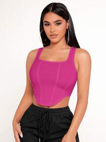 SHEIN PETITE Solid Curved Hem Tank Top - Hot Pink - View 4