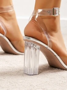 Women Rhinestone Decor Pumps, Chunky Heeled Ankle Strap Pumps Valentines